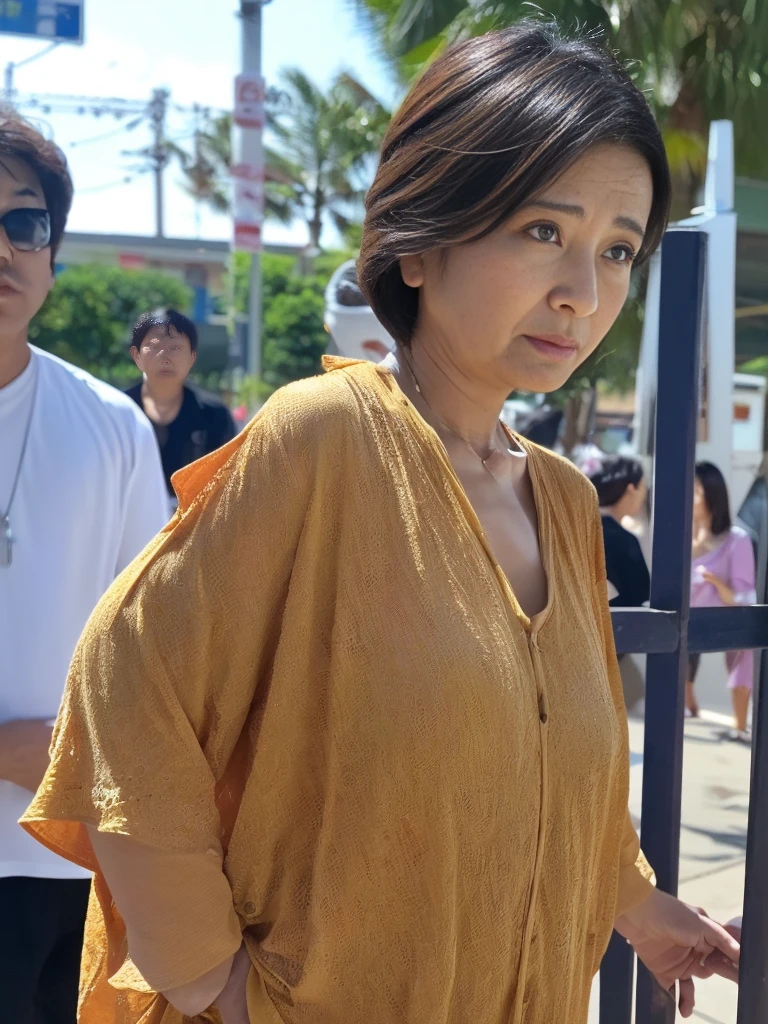 High resolution、high resolution、、masterpiece、Frustrated and accurate、sharp、At the Beach((Japanese Mature、)From the chest up、High resolution、high resolution、High detail、、((Japanese Mature、60 years old))、 ( close your eyes、(strong)orgasm)、(strong)orgasm)、Japanese Mature、(alone)、No sleeve、Gorgeous fantasy、、Chubby body type(((Stand upright, facing the center of the screen。))Thinking Ahead、Serious face、Make it stand out and stand out、