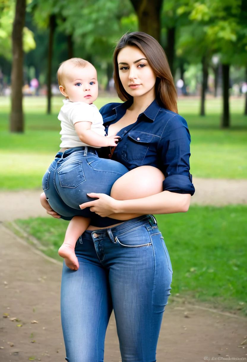 beautiful woman of 25 years old and her baby, in shirt and jeans in park, looking directly at the camera