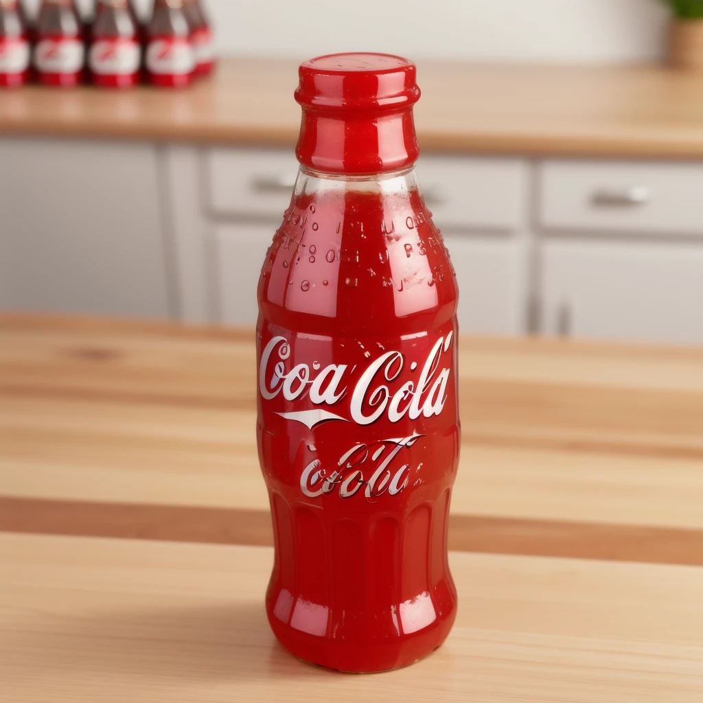 in the kitchen, on a wooden table, a coca cola jelly bottle, it shows a jelly texture, realistic texture, realistic style, detailed texture, high quality, high resolution, high quality rendering, realistic photo, brightning light, macro photo, ultra hd 4k