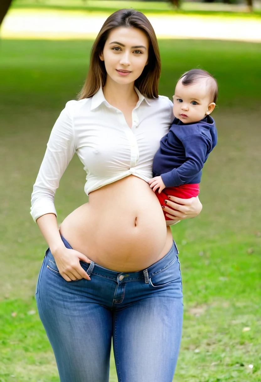beautiful woman of 25 years old and her baby, in shirt and jeans in park, looking directly at the camera