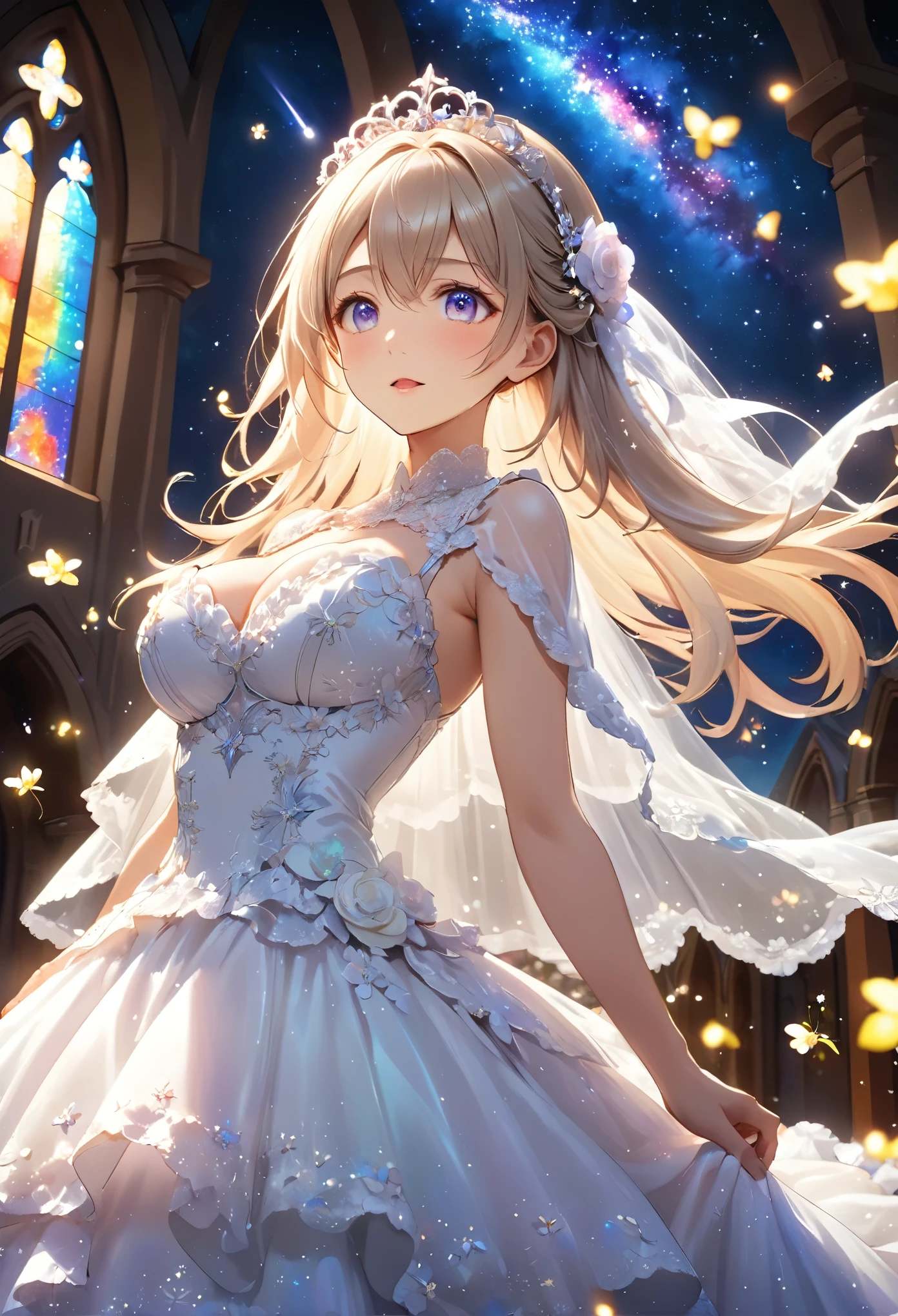 Highest quality, Super quality, 16K, Incredibly absurd, Very detailed, 2.5D, delicate and dynamic, church, Brightly colored stained glass, Small faint lights and flying fireflies, night, Starry Sky, milky way, nebula, shooting star, Flowers, birds, wind and moon, Extremely delicate facial expression, Delicate eye depiction, Upper body close-up, erotic, sole sexy lady, healthy shaped body, 22 years old lady, bride, 170cm tall, huge firm bouncing busts, Colorful tiaras, A long wedding dress with a complex structure, Colorful long wedding dress, frilly see-through long wedding dress, super long cape from head