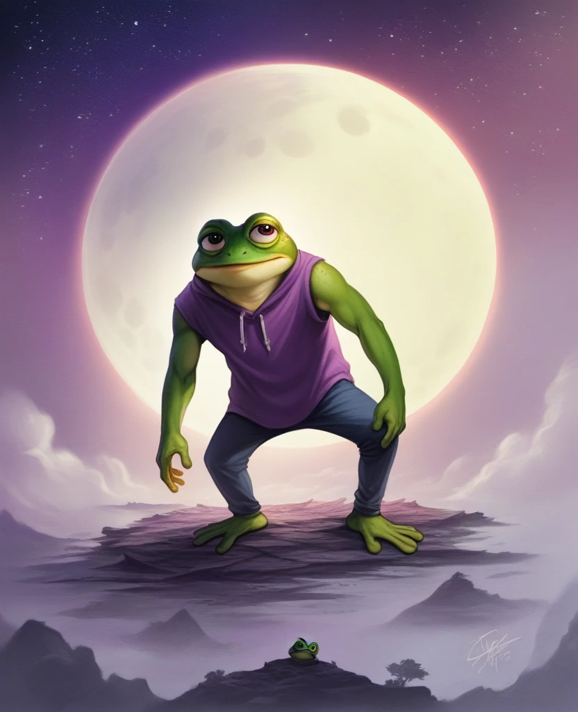 portrait of purple pepe the frog with purple skin,, wearing a hooded sweatshirt, standing in a starry night sky background, (((pepe_frog))),,detailed portrait, (best quality,8k,highres,masterpiece:1.2),ultra-detailed,(realistic,photorealistic,photo-realistic:1.37),digital painting,vibrant colors,dramatic lighting,fantasy,surreal