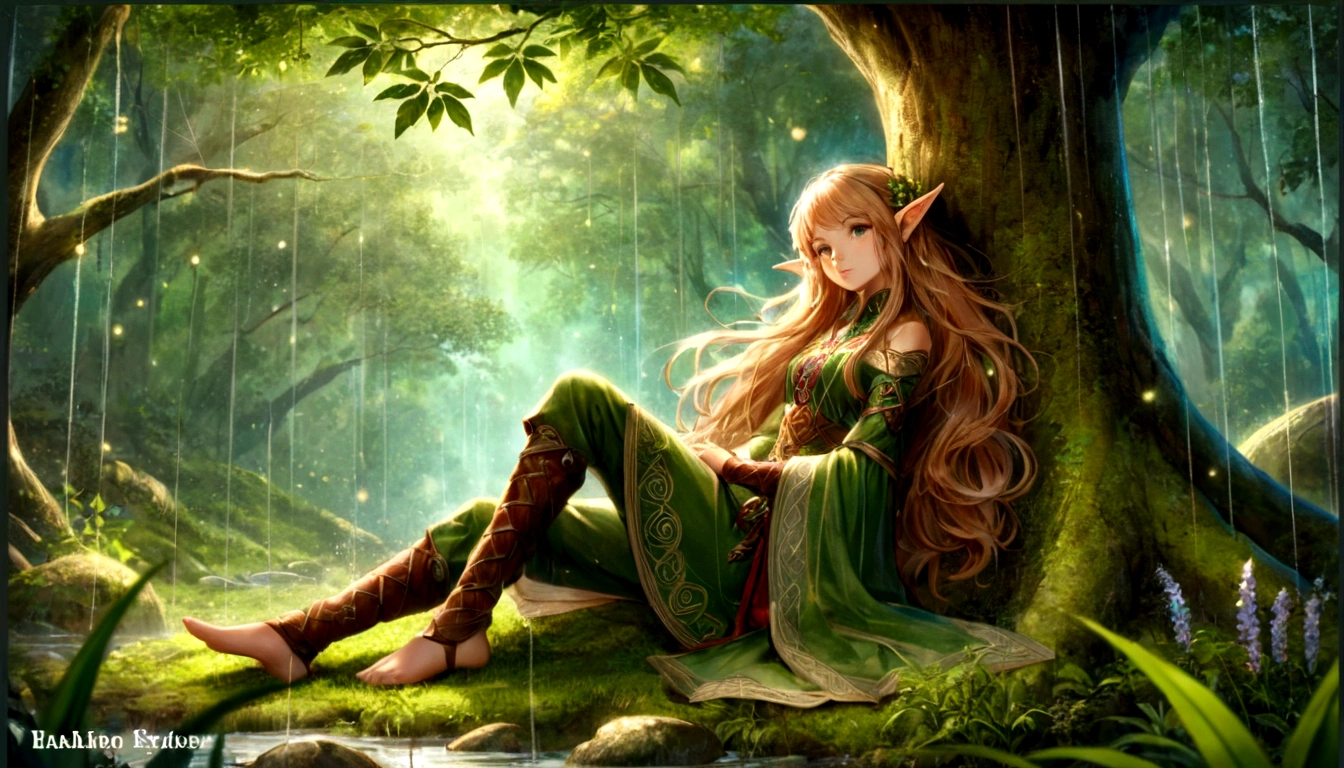 森の木の上に座って寝ているアラフェドElf, 美しい木のElf, Elf princess, Elfの少女, beautiful Elf princess, Beautiful fantasy art, Elfの王女, very Beautiful fantasy art, Fantasy Art, HD fantasy art, epic Fantasy art style hd, 美しく優雅な女性Elf, Elf, Celtic fantasy art, Fantasy art style