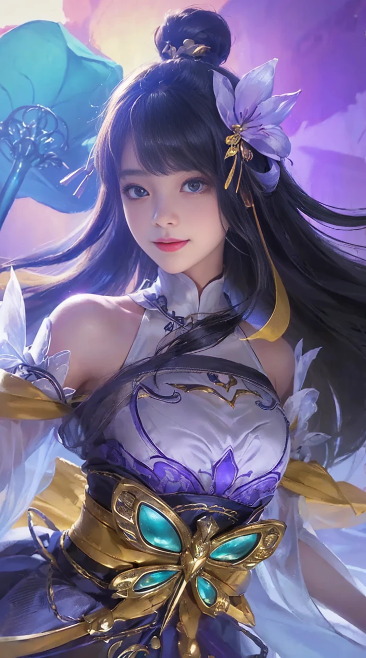 (A hyper-realistic)、(illustratio)、(hight resolution)、(8K)、(ighly detailed)、(Best Illustration)、(beautifully detailed eyes)、(top-quality)、(Ultra-detail)、(masterpiece)、(wall-paper)、(A detailed face)、solo、1 girl in、looking at viewert、fine detailed、A detailed face、in the darkness nigth、deep-shadows、lowkey、pureerosfaceace_v1、A smile、long、Black shawl straight hair、46-point diagonal bangs, (silk dresses、long skirt)(off shoulders)View of the castle、、Stand against the wall