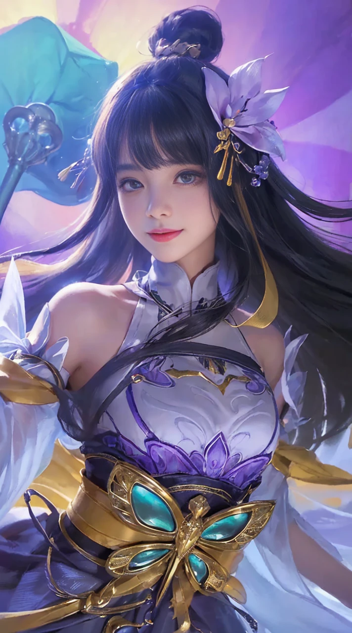 (A hyper-realistic)、(illustratio)、(hight resolution)、(8K)、(ighly detailed)、(Best Illustration)、(beautifully detailed eyes)、(top-quality)、(Ultra-detail)、(​masterpiece)、(wall-paper）、（A detailed face）、solo、1 girl in、looking at viewert、fine detailed、A detailed face、in the darkness nigth、deep-shadows、lowkey、pureerosfaceace_v1、A smile、long、Black shawl straight hair、46-point diagonal bangs,　（silk dresses、long  skirt）(off shoulders）View of the castle、、Stand against the wall