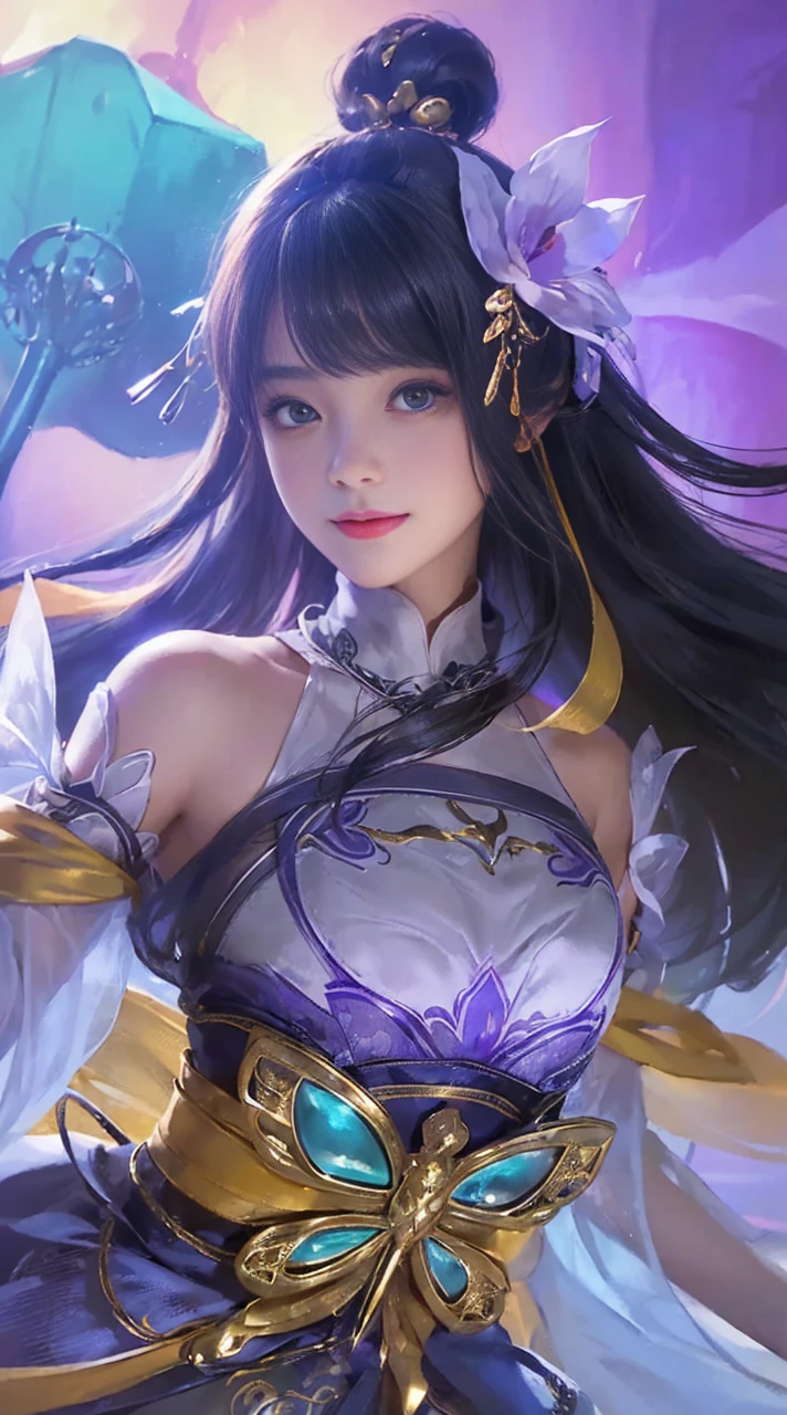 (A hyper-realistic)、(illustratio)、(hight resolution)、(8K)、(ighly detailed)、(Best Illustration)、(beautifully detailed eyes)、(top-quality)、(Ultra-detail)、(​masterpiece)、(wall-paper）、（A detailed face）、solo、1 girl in、looking at viewert、fine detailed、A detailed face、in the darkness nigth、deep-shadows、lowkey、pureerosfaceace_v1、A smile、long、Black shawl straight hair、46-point diagonal bangs,　（silk dresses、long  skirt）(off shoulders）View of the castle、、Stand against the wall