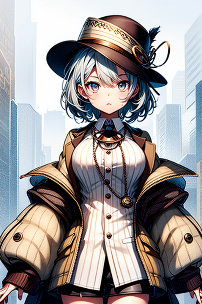 One Girl、Highest quality、Vtuber whole body、Milky white short hair、masterpiece、Official Art、Optimal Configuration、Milky white top and long straight hair with blue tips、Sherlock Holmes costumes、Brown and dark brown checked herringbone hat、A poncho with the same pattern as the hat、Brown spring coat、White shirt and shorts with the same pattern as the hat、magnifying glass、Detective、Pocket watch around the neck、Stand in front of the audience、Simple Background、