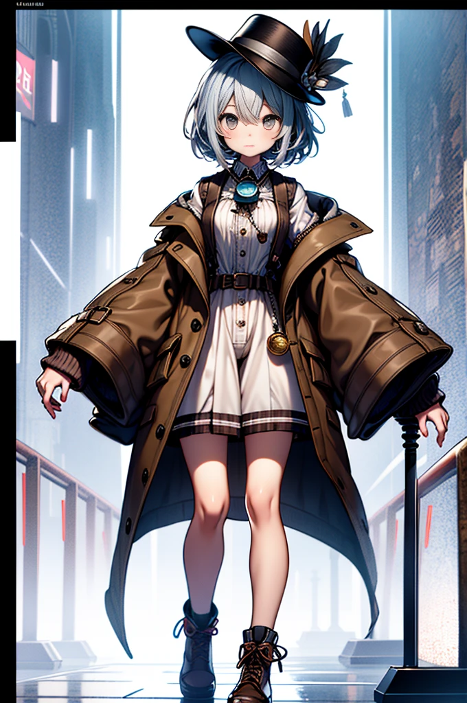 One Girl、Highest quality、Vtuber whole body、Milky white short hair、masterpiece、Official Art、Optimal Configuration、Milky white top and long straight hair with blue tips、Sherlock Holmes costumes、Brown and dark brown checked herringbone hat、A poncho with the same pattern as the hat、Brown spring coat、White shirt and shorts with the same pattern as the hat、magnifying glass、Detective、Pocket watch around the neck、Stand in front of the audience、Simple Background、