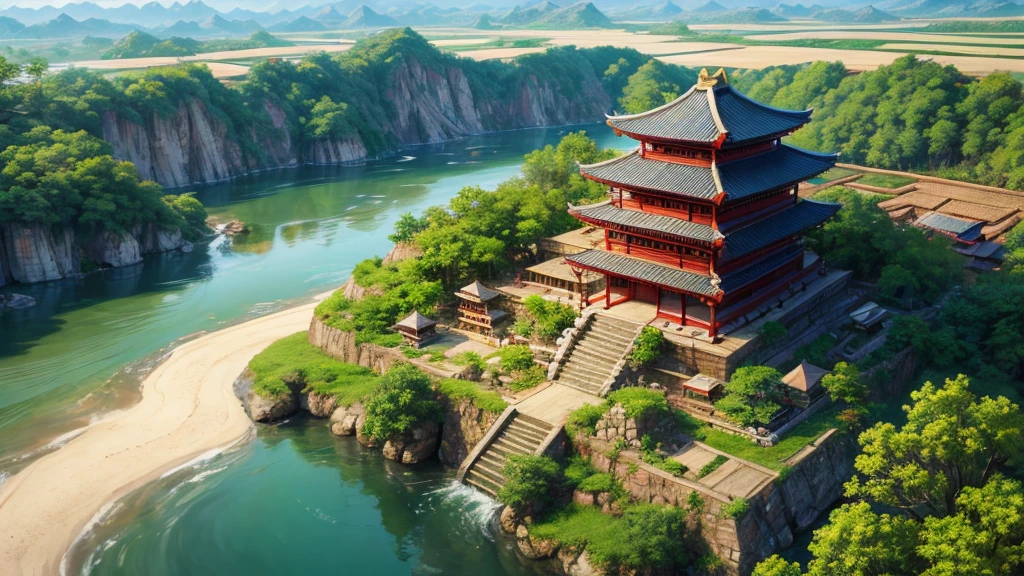 Asian ancient village seen from above, There are rivers, There are mountains, Photorealistic photos, 8K