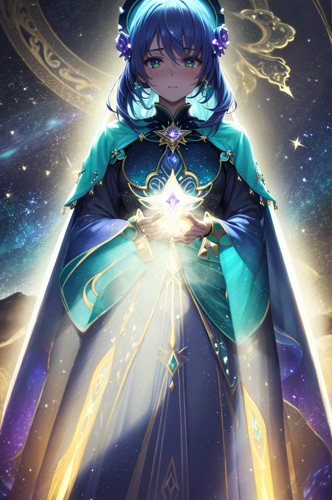 A stunning illustration of Surrealist illustration, featuring a regal figure shrouded in mist, rendered in mesmerizing bioluminescent neon watercolor hues, reminiscent of an ethereal dreamscape, washed across a stained glass canvas, evoking an air of mystical opulence. The celestial silhouette portrait, with intricately etched stars and planets, glows with an otherworldly luminescence, radiating an aura of enchantment. This ultra-high resolution masterpiece embodies a harmonious blend of mystical realism and cosmic fantasy, pulsing with iridescent shades of blue, purple, and green, inviting the viewer to step into its mystical realm.