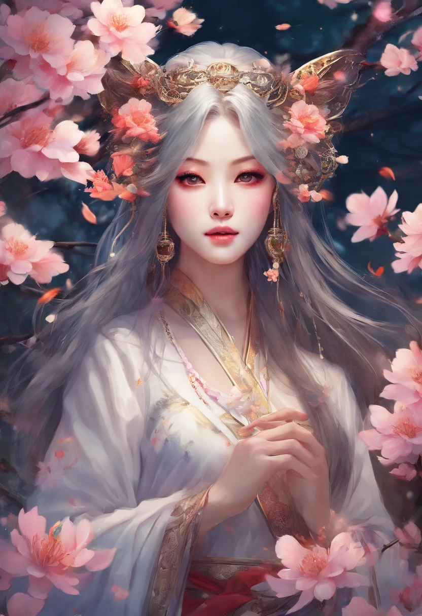 best quality,masterpiece,Ultra-high resolution,(photoactual:1.4),beautiful_Face,Twenty-five-year-old oriental nine-tailed fairy fox woman,bright eyes,cleavage,Long silver hair above the waist,Wearing Japanese clothes,Holding a samurai sword,Drinking under the flower tree,Peach blossoms flying