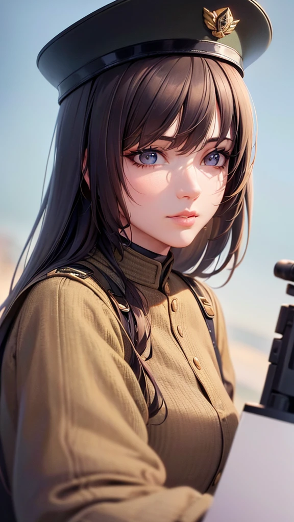 realistic military girlfriend, 1girl, detailed military uniform, detailed miliary hat, detailed face, beautiful detailed eyes, beautiful detailed lips, long eyelashes, determined expression, holding rifle, outdoor military base setting, (best quality,4k,8k,highres,masterpiece:1.2),ultra-detailed,(realistic,photorealistic,photo-realistic:1.37),cinematic lighting,vibrant colors,highly detailed