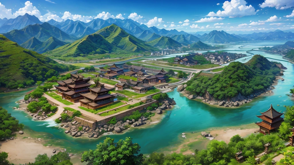 Asian ancient village seen from above, There are rivers, There are mountains, Photorealistic photos, 8K