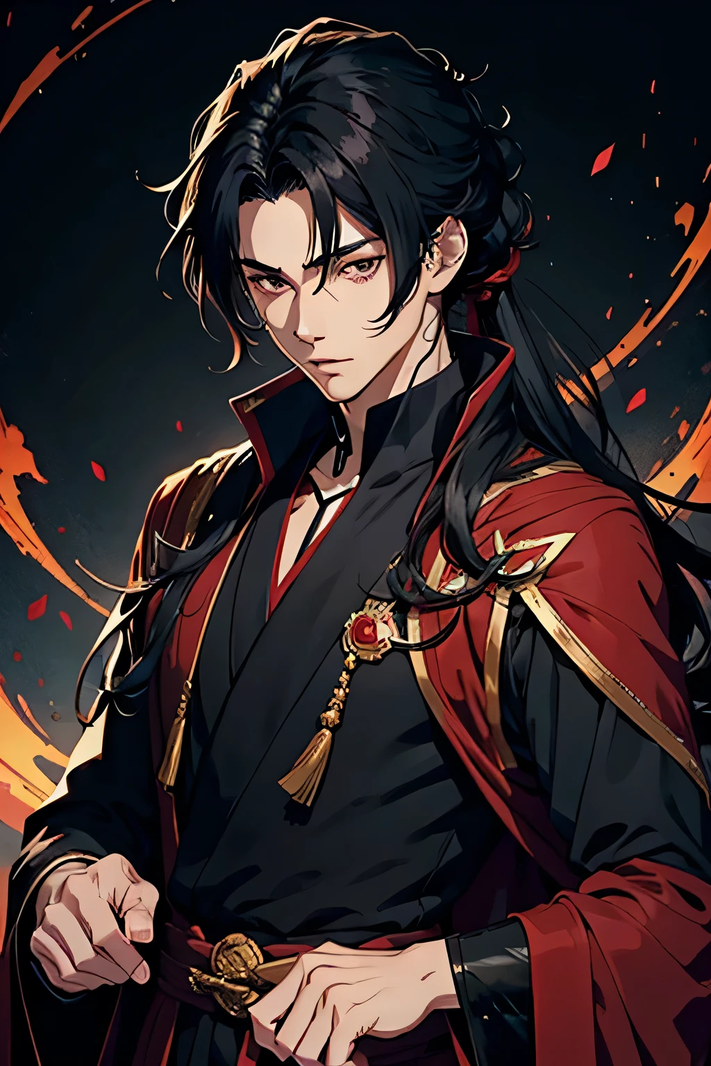anime handsome man, detailed black hair in intricate hairstyle, hair strands, red simple robe, viveing