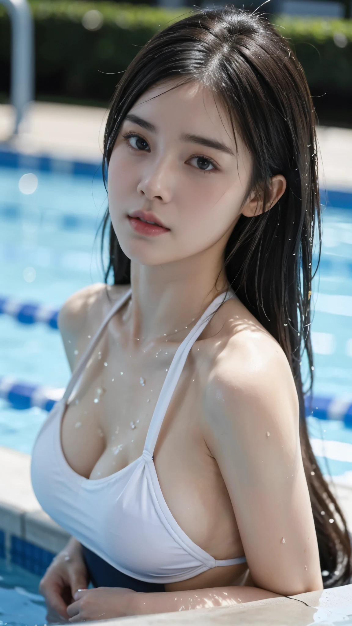 (raw photo: 1.2), highest quality, beautiful and detailed girl,, from below, double tail, Highly detailed eyes and face, beautiful detailed eyes, huge file size, high resolution, 8K wallpapers, fine details, Highly detailed ticker uniform 8k wallpaper, shine a light on the face, movie lights, 20 year old girl, sexy pose, (photorealism: 1.4), illustration, super detail, table top, playboy、((swimsuit、School swimming pool、wet、chest concentration、face))