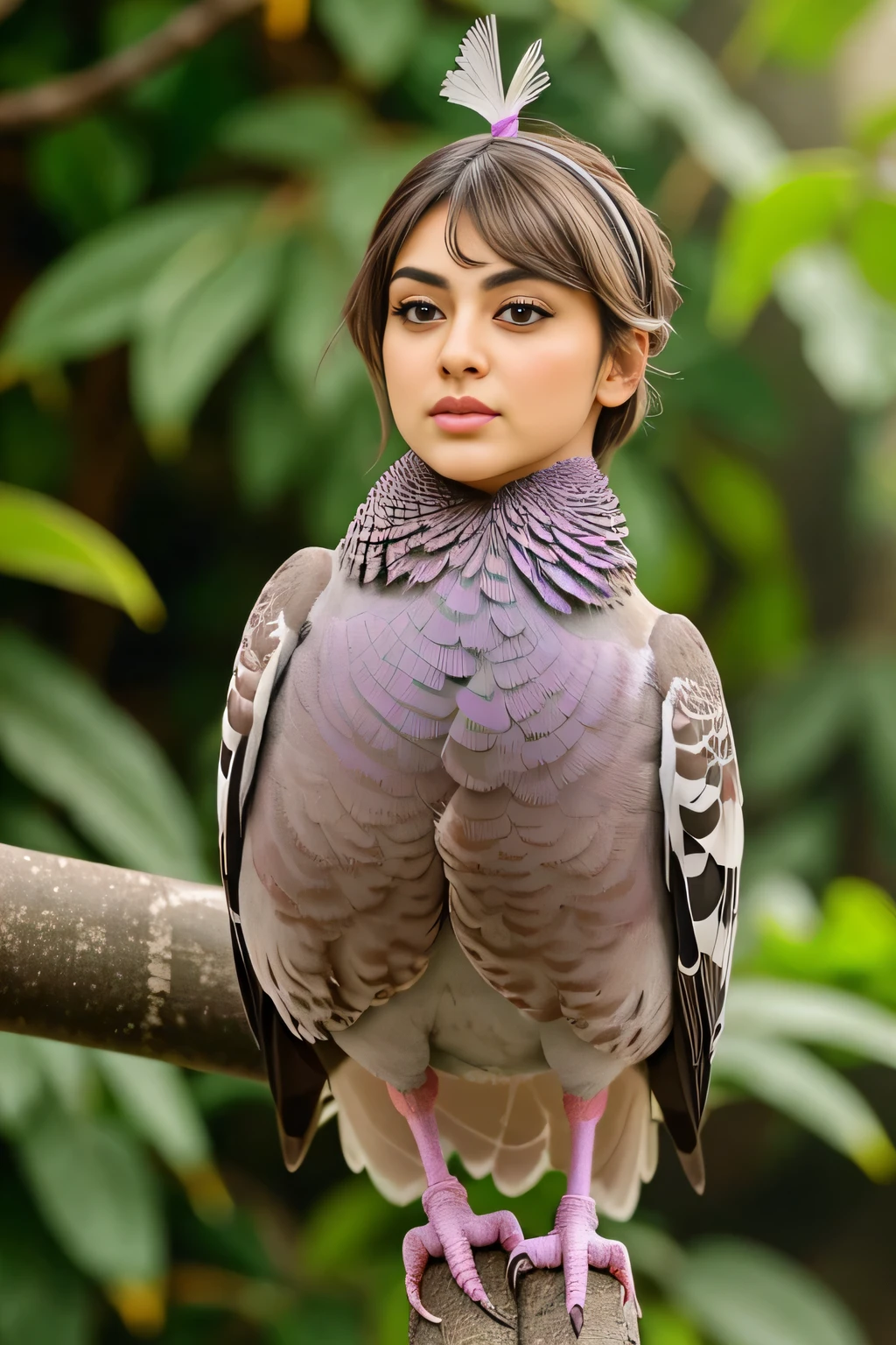 Hansika Motwani is a pigeon bird, She is a bird but her head looks like girl, from neck to full body looks like pigeon bird. Pigeon legs, pigeon wings. Bird body, pigeon body,   perfect picture, perfect bird, real bird, Real head replace with real pigeon head. Exact Bird. Colorful pigeon.