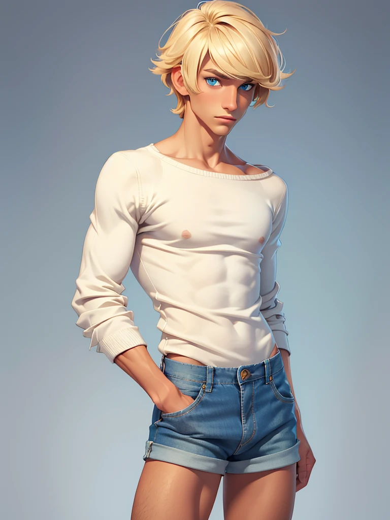 (best quality), 1boy, tanned skin, blonde hair, short hair, side bangs, beautiful hairstyle, blue eyes, perfect eyes, femboy, slender, handsome, attractive, off-shoulder_sweater, denim_shorts, thighhighs, skinny body, masculine body, masterpiece, anatomically correct, highres