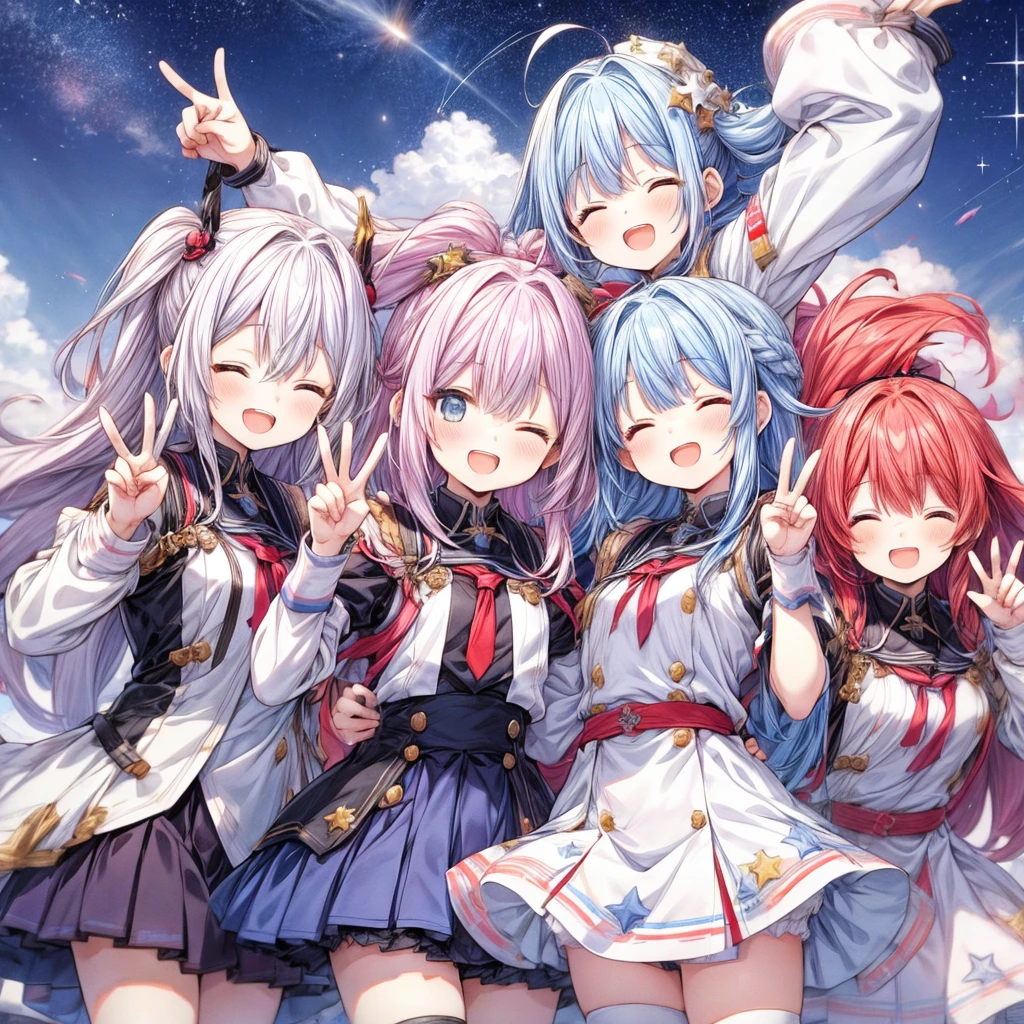 6+ girl, Multi-colored hair, Random Heroine Outfit, Random cute faces, Game heroine, Very happy smile, Open your mouth, close your eyes, Group shot, Zoom, peace sign, happy ending, Starry Sky