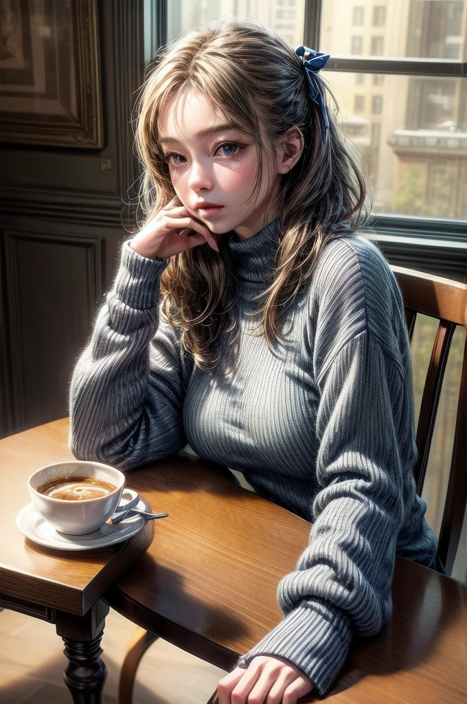 tableトップ, Highest quality, One Girl, alone, Medium Hair, window, Sitting, indoor, table, Sleeves are longer than the wrist, Cafe, Hair Ribbon, Headrest, Mouth closed, Blue sweater, Upper Body, (Perfect Anatomy:1.2)、Very large breasts