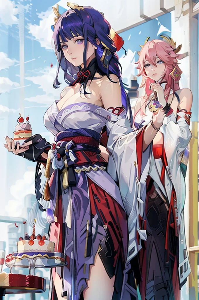 masterpiece, best quality,raiden shogun, multiple girls, 2girls, yae miko, pink hair, urple hair, japanese clothes, long hair,  animal ears,  hair ornament, fox ears, detached sleeves, kimono, ((birthday cake))