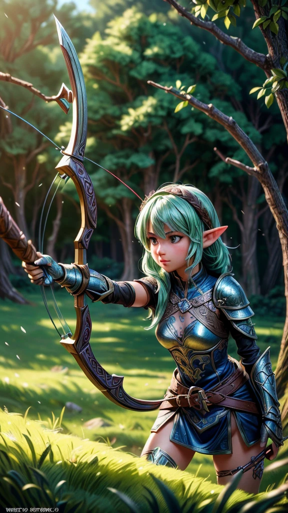 a detailed fantasy elf archer unit, drawing bow and arrow, highly detailed, intricate fantasy environment, cinematic lighting, dramatic poses, vibrant colors, epic fantasy, intricate character design, complex armor and weapons, (best quality,4k,8k,highres,masterpiece:1.2),ultra-detailed,(realistic,photorealistic,photo-realistic:1.37),concept art,digital painting