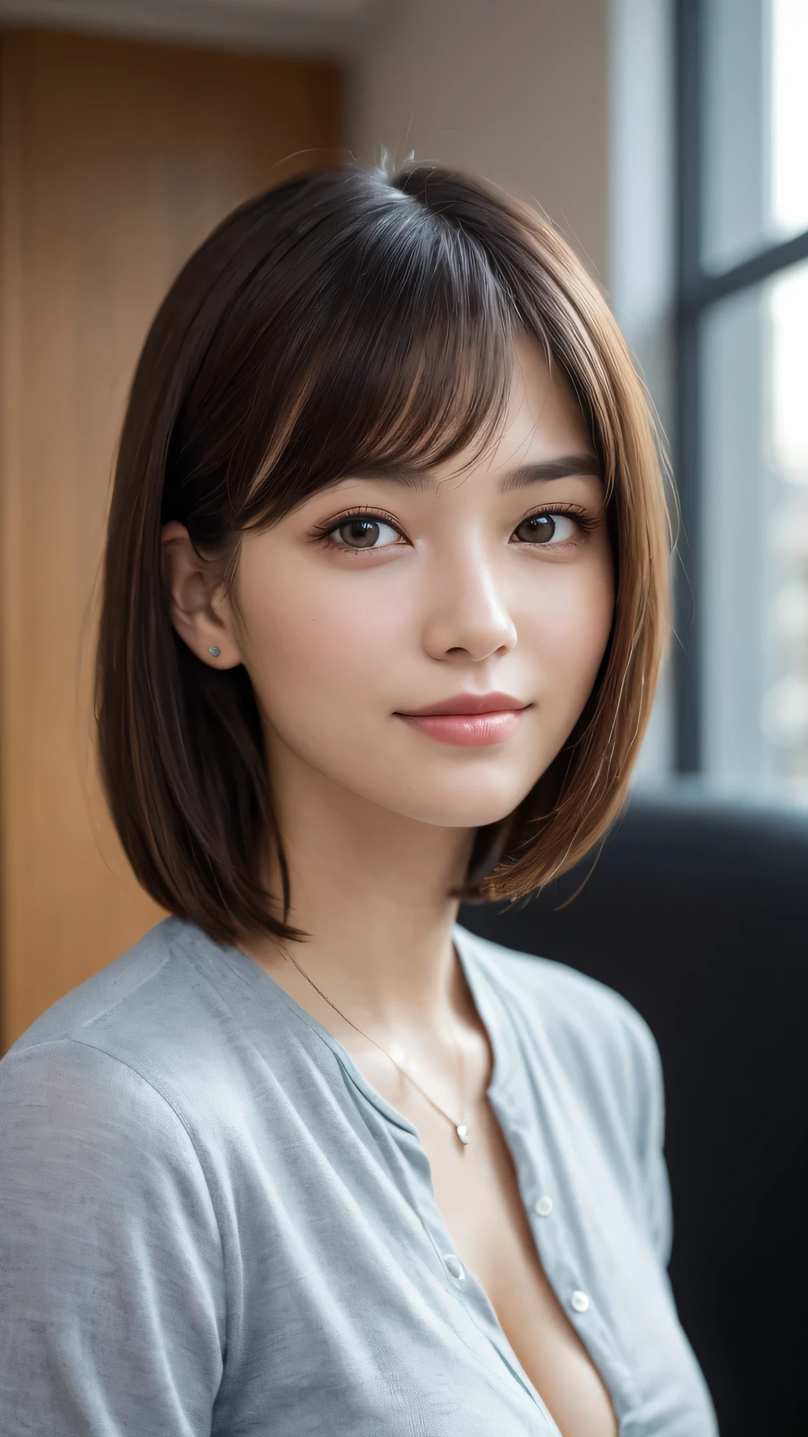 (1girl), (round eyes:1.2), (highly detailed face and eyes), smile, Amazing face and eyes, (shirt:1.3), cleavage, (Best Quality:1.4), (Ultra-detailed), (extremely detailed CG unified 8k wallpaper), Highly detailed, High-definition raw color photos, Professional Photography, Realistic portrait, Amazing face and eyes, indoors, office, (office lady, casual:1.3), (A moment of relaxation), model, depth of fields, (fine face:1.2),