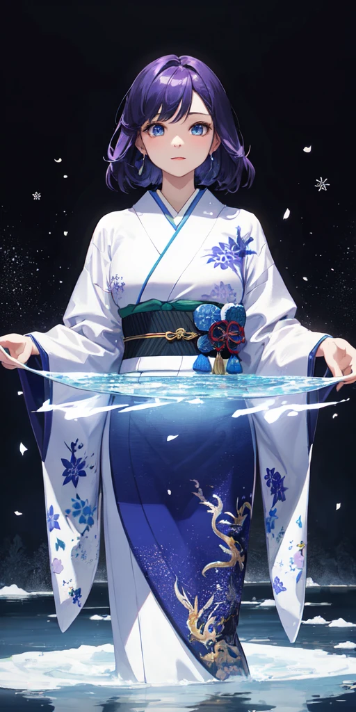 (masterpiece:1.2, Highest quality),、One adult woman,30 years old、 Purple Hair, blue eyes,Water and Ice Witch,  Particles of light, light, wallpaper, High Contrast, colorful,Black and indigo kimono、Snowstorm、dragon、