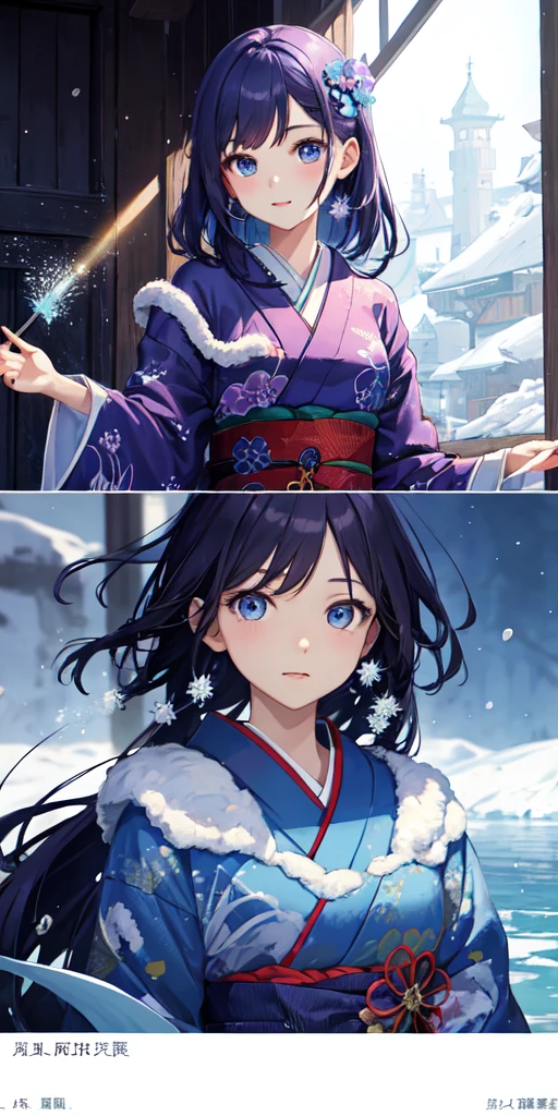 (masterpiece:1.2, Highest quality),、One adult woman,30 years old、 Purple Hair, blue eyes,Water and Ice Witch,  Particles of light, light, wallpaper, High Contrast, colorful,Black and indigo kimono、Snowstorm、dragon、