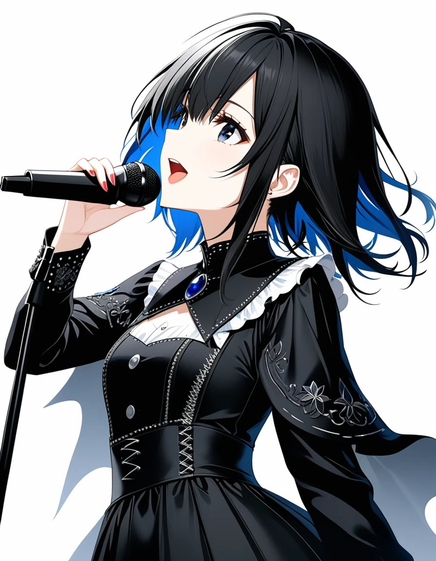 (((White background:1.2)))、(masterpiece、Ultra HD、high quality、4K)、(Scandinavian gothic metal girl holding a microphone and singing with her mouth open), (((very wide shot:1.2))),Highly detailed eyes, Detailed hand and fingers、Short black hair、Black Gothic Dress、Stylish outfit,Shorts、Dynamic pose、Dynamic、(profile)、(Grab the microphone)、smile,(((Look up to the sky:1.2)))