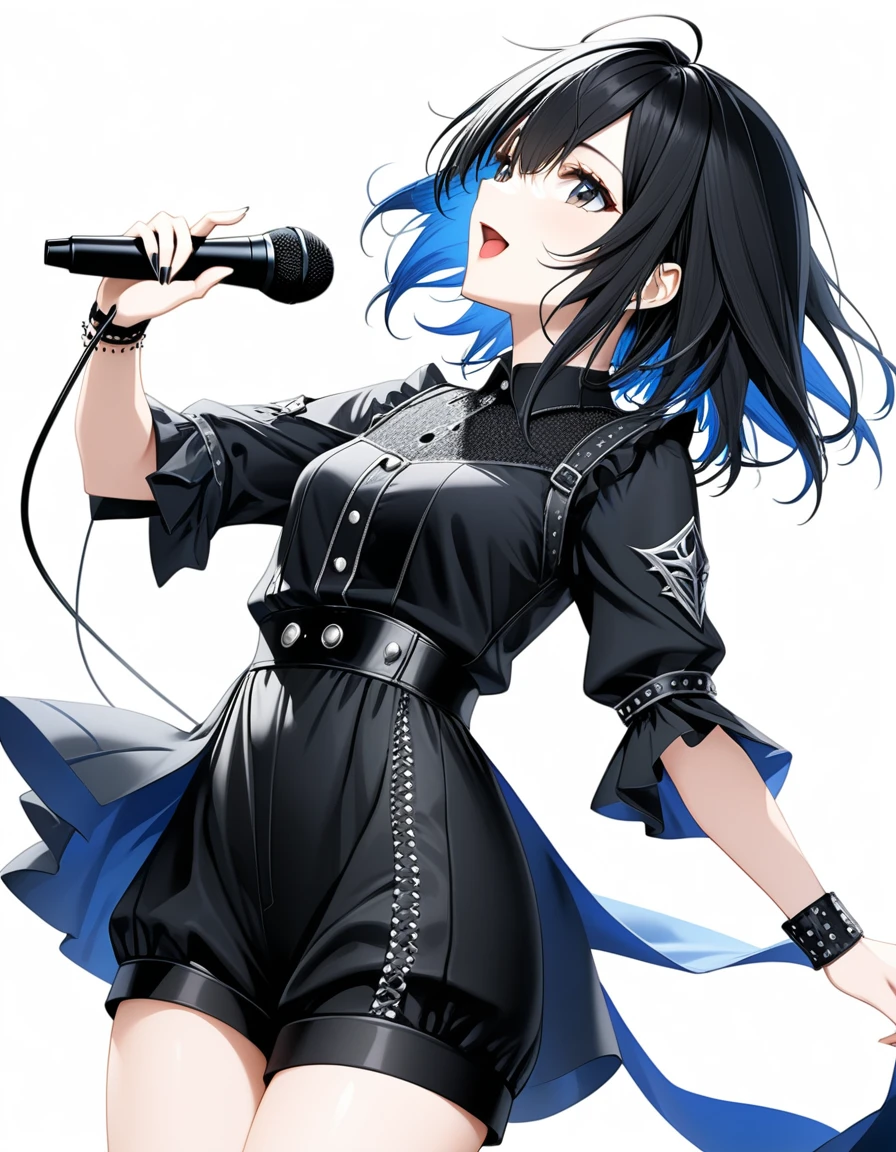 (((White background:1.2)))、(masterpiece、Ultra HD、high quality、４K)、(Scandinavian gothic metal girl holding a microphone and singing with her mouth open), (((very wide shot:1.2))),Highly detailed eyes, Detailed hand and fingers、Short black hair、Black Gothic Dress、Stylish outfit,Shorts、Dynamic pose、Dynamic、(profile)、（Grab the microphone）、smile,(((Look up to the sky:1.2)))