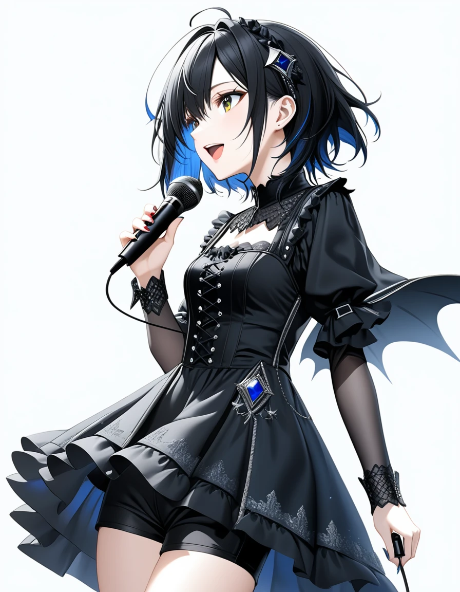 (((White background:1.2)))、(masterpiece、Ultra HD、high quality、４K)、(Scandinavian gothic metal girl holding a microphone and singing with her mouth open), (((very wide shot:1.2))),Highly detailed eyes, Detailed hand and fingers、Short black hair、Black Gothic Dress、Stylish outfit,Shorts、Dynamic pose、Dynamic、(profile)、（Grab the microphone）、smile,(((Look up to the sky:1.2)))