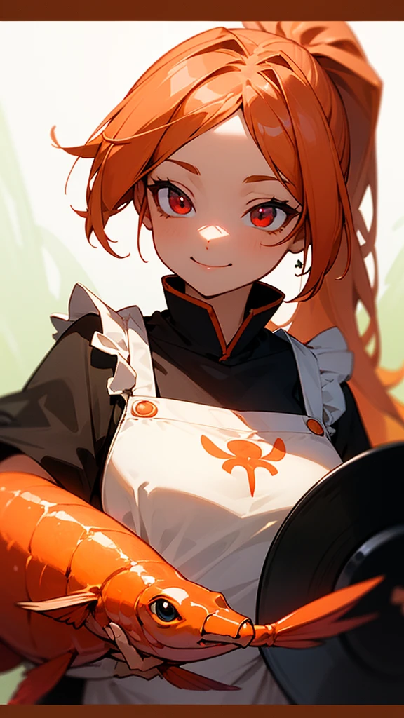 High quality anime paintings、Cute shrimp woman is cooking delicious food in the kitchen、Glowing orange hair、ponytail、Round red eyes、From the side、Tunic、apron、Wicked Smile、Upper body close-up