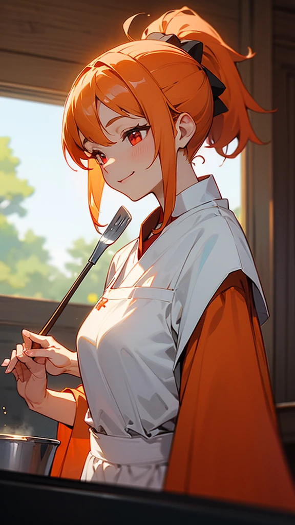 High quality anime paintings、Cute shrimp woman is cooking delicious food in the kitchen、Glowing orange hair、ponytail、Round red eyes、From the side、Tunic、apron、Wicked Smile、Upper body close-up