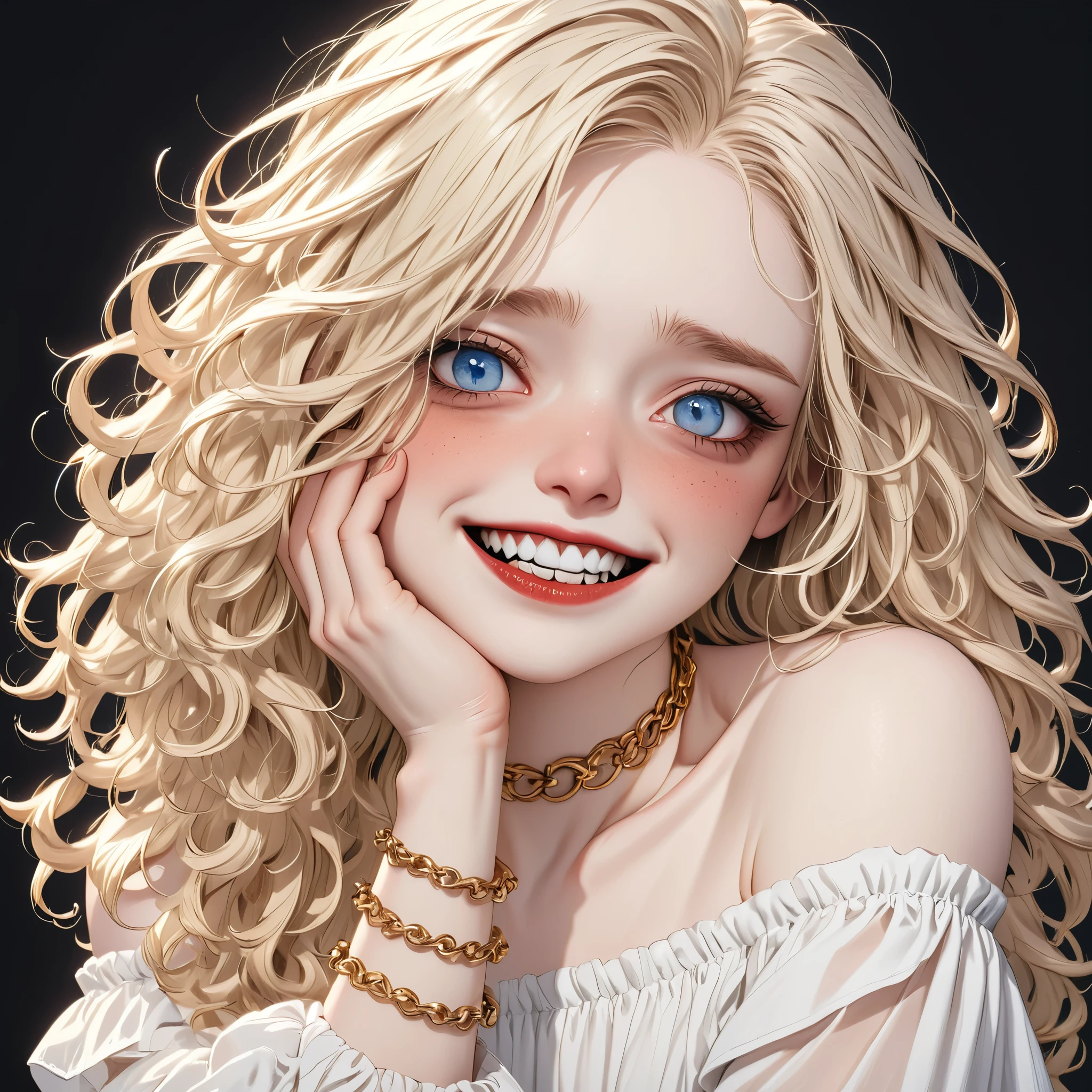 (young, woman, pale skin, blue eyes:1.3), long blonde curly hair, (muscular body, small breasts:1.1), (red lipstick, black eye makeup:0.8), (sheer off-Shoulder, white sheer belly top, tight waist high jeans:0.9), golden bracelet, (ashamed, toothy smilie, looking back over shoulder:1.8), (full body view:1.0), (black background:1.4), detailed skin texture, 24k resolution, highly detailed, (natural front light:0.6)