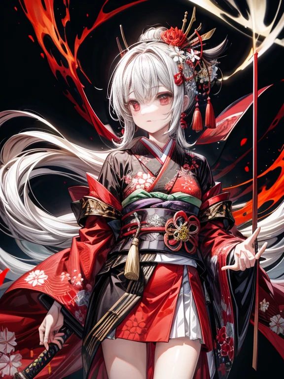 A girl in a kimono standing with a Japanese sword, White medium hair, Red eyes, Red lips, Kimono with red spider lilies on a black background, Red splash pattern on a black background, super high quality, Ultra-fine detail, Ultra-thin kimono pattern