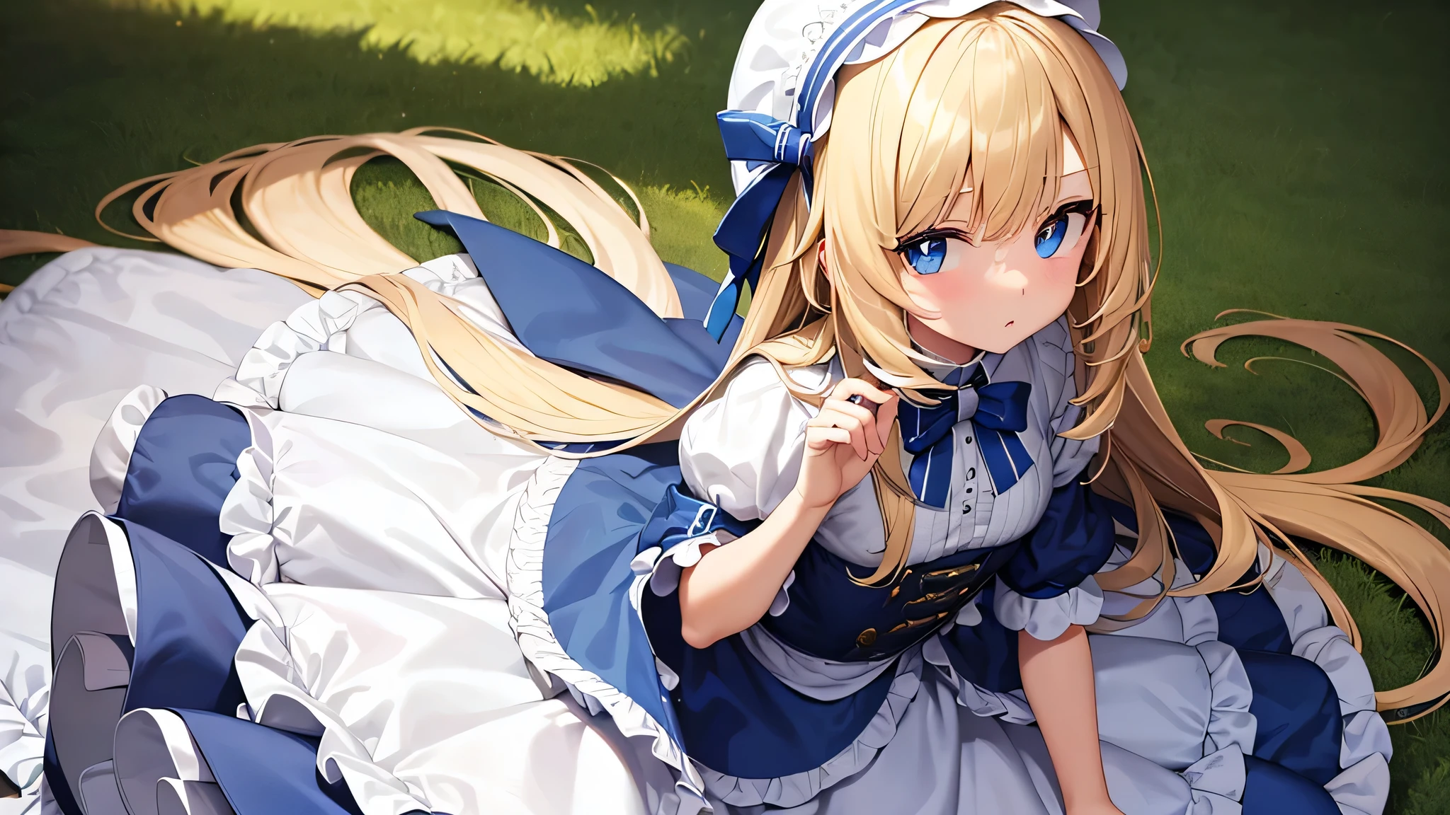 masterpiece,best quality,Long blond hair,White Lolita Skirt,White,Blue pupils,1 loli,Alice