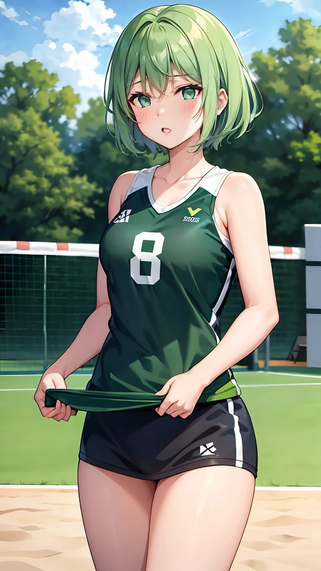 Girl with short green hair, Small size breasts,、Green Eyes, 、,Full body photo from head to toe、Volleyball Player、Volleyball Uniforms、、Uplifting、、、Hit the serve