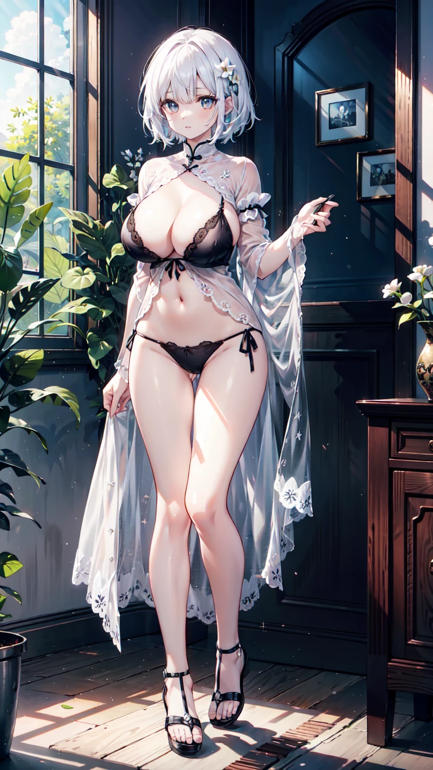 1 female，Full body standing，White underwear，White tong，White short hair，Pale skin、Pale skin、 detailed脸，Very detailed，Perfect body，Big boobs、prettyeyes，较Big boobs，Full view，Color All，Eye detail enhancement，Volume View，White sandals， beautiful女人，Natural conditions，Perfect hands、Maximum resolution、quality、Maximum resolution、quality、（masterpiece）、The face is particularly detailed、The original person、完美而beautiful照明、Best colorful、beautiful、detailed、Ultra-high resolution、Lots of natural light and optimal color tones、In-depth characterization（quality、Extremely fine details：1.4）