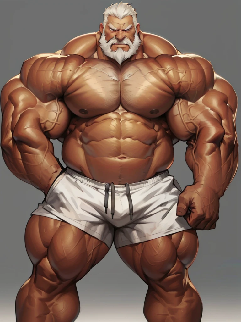 solo, 1boy, perfect anatomy, perfect proportion. Huge Muscular Old man wearing white shorts and white shirts, view from side, pectoral, thick arms, huge pectoral, wide pectoral, short white hair, red beard and hair, simple background, masterpiece, semirealistic:1.2, high detailed, 8k, high resolution, perfect center, full view. ((really big muscle, massive muscular, sixpack, thick arms, wide pectoral, super huge muscle, hyper muscular, over sized muscle, huge arms, big arms, huge pectoral))