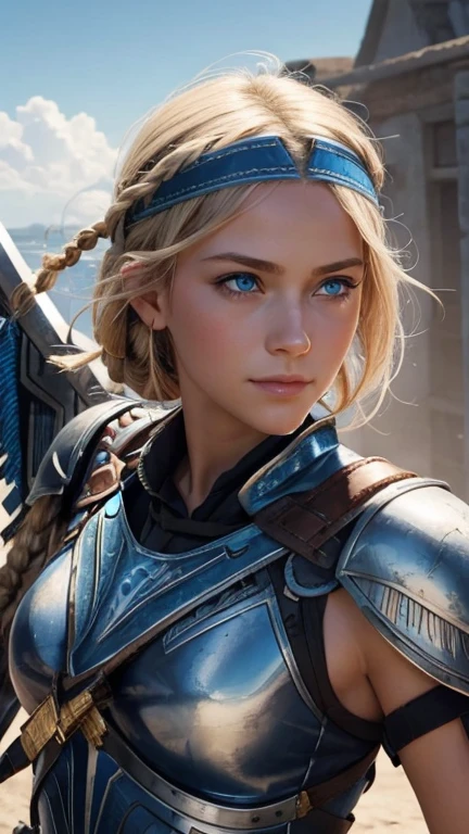 slight smile, blue eyes braided hair, eyes look the other way