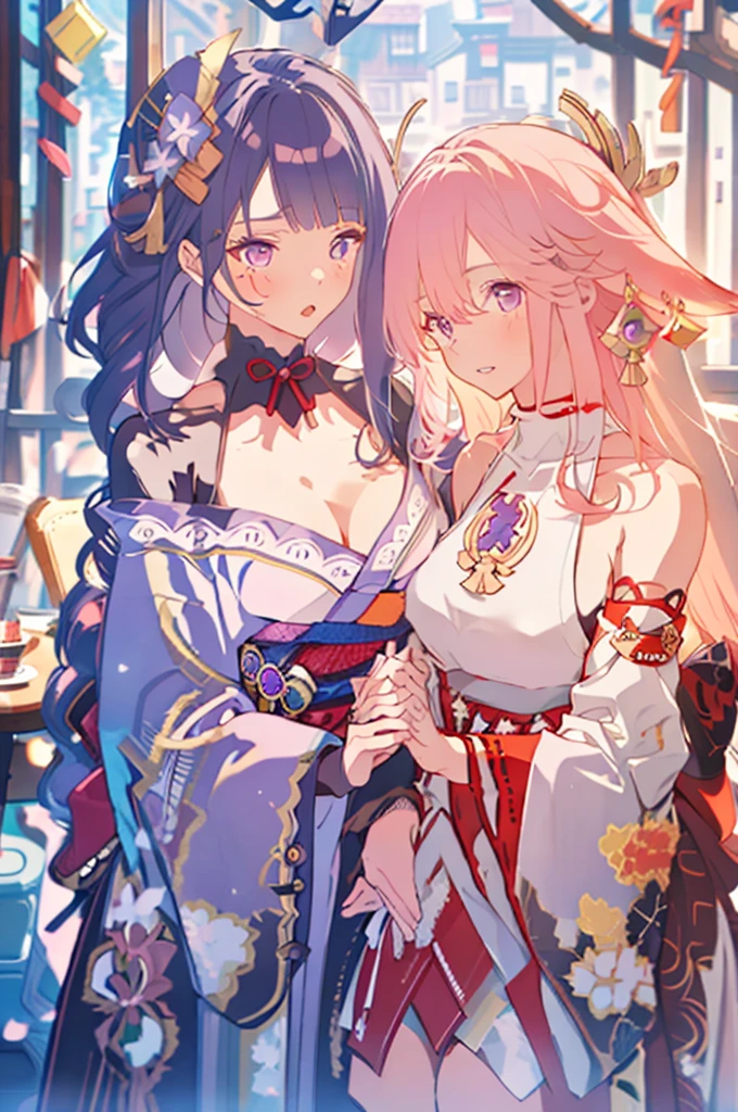 masterpiece, best quality,raiden shogun, multiple girls, 2girls, yae miko, pink hair, urple hair, japanese clothes, long hair, animal ears, hair ornament, fox ears, detached sleeves, kimono, ((birthday cake))