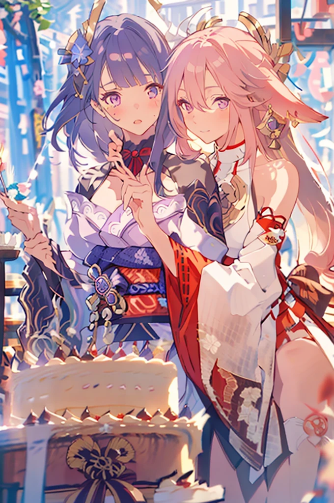 masterpiece, best quality,raiden shogun, multiple girls, 2girls, yae miko, pink hair, urple hair, japanese clothes, long hair,  animal ears,  hair ornament, fox ears, detached sleeves, kimono, ((birthday cake))