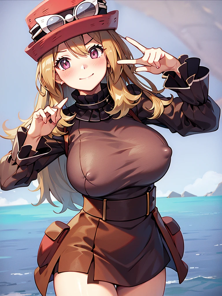 whole body, smile,smile,blush,Big Breasts ,Sexy pose, Pink hat,, Showing nipples,Show your vagina,Put sunglasses on your hat,