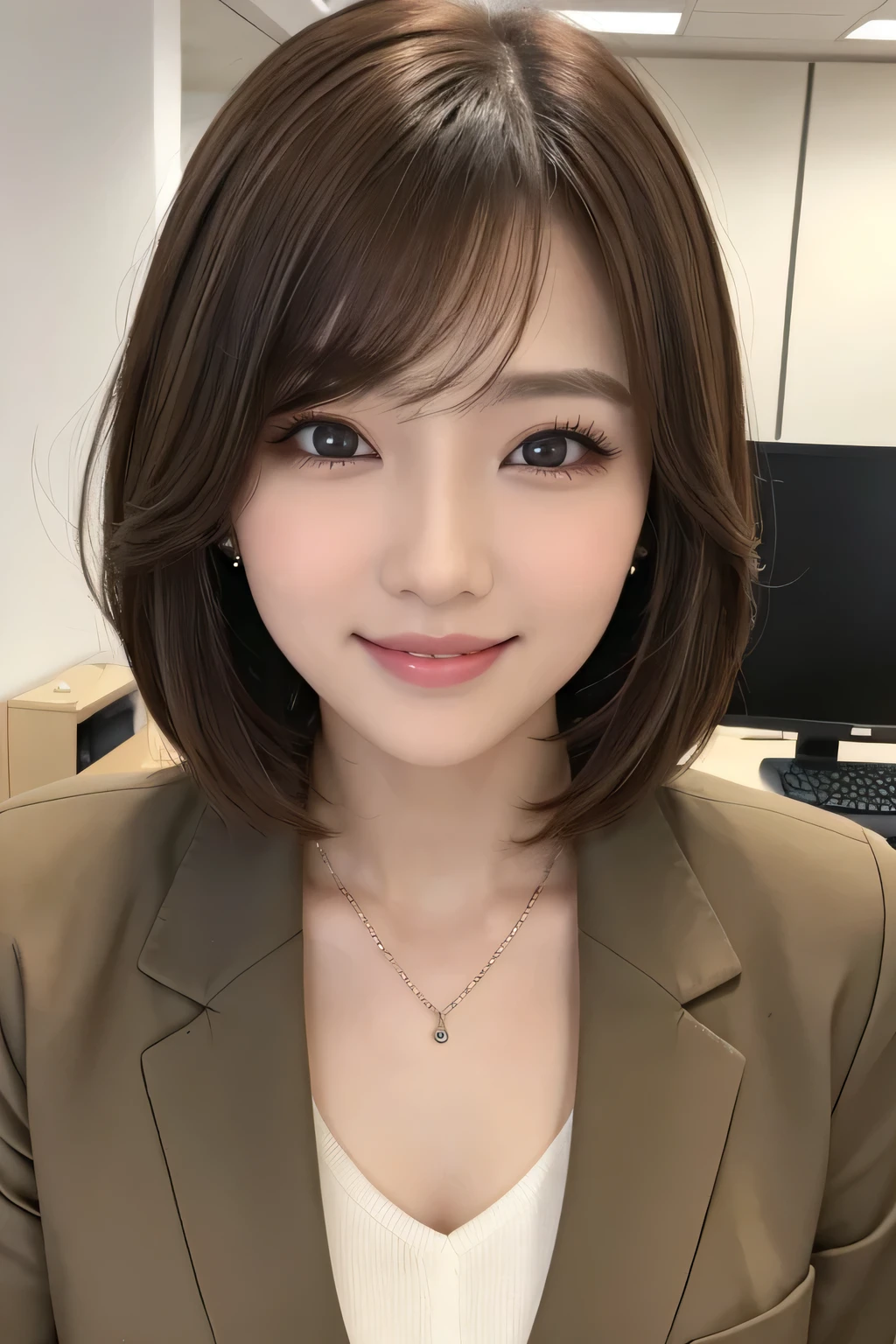 Beautiful young woman、 Light brown hair、hairstyle semi long、Work in front of the computer、Necklace around the neck、Office Lady Suits、Jacket、Unbuttoned shirt、Flashy makeup、smile、Beautiful teeth alignment、short hair、Intricate details, Very detailed:1.2), 、 Looking into the camera,The background is the office、Necklace around the neck、Dark eyeliner、ear piercing
