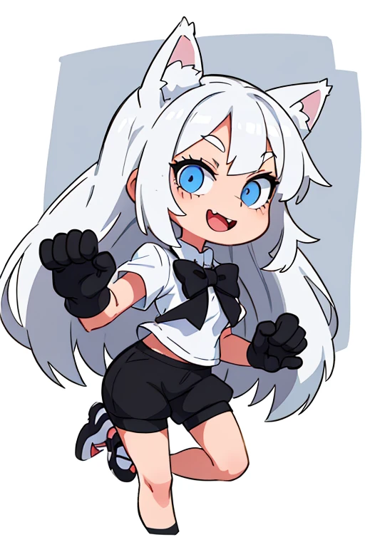 Cheerful girl with long white hair, black cat ears, white top with a bow tie, gray shorts, blue eyes, black cat tail, black sneakers