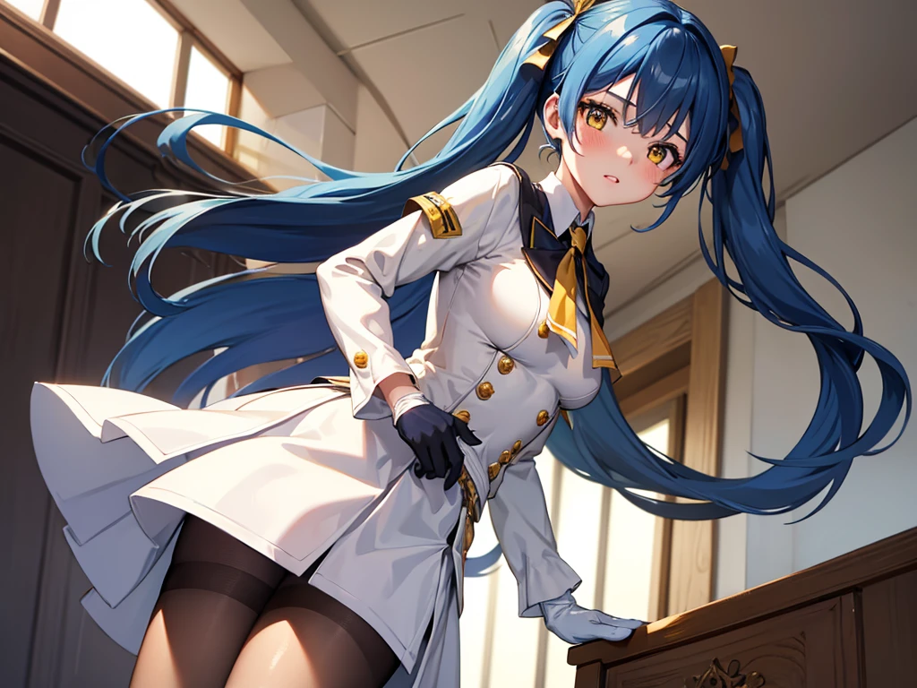 1girl, solo, long hair, breasts, looking at viewer, blush, bangs, skirt, shirt, gloves, long sleeves, twintails, blue hair, standing, jacket, yellow eyes, white shirt, pantyhose, cowboy shot, parted lips, shiny, indoors, white gloves, miniskirt, black skirt, black pantyhose, capelet, white jacket, pencil skirt, shiny clothes, brown pantyhose, white capelet,looking back