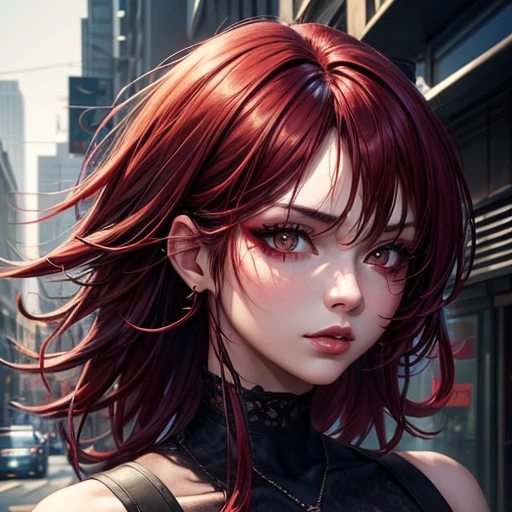 beautiful girl, Half Body Portrait, Short, bright red, messy hair, Black Eyeshadow, (Street Style Wear:1.2), (Urban Background:1.2), Heavy makeup, Digital Art, Trending on Art Station, highly detailed, The finer details, Complex,  beautiful detailed glow, detailed, Cinematic Light, High resolution, detailed facial features,Sharp focus, Smooth, beautiful,