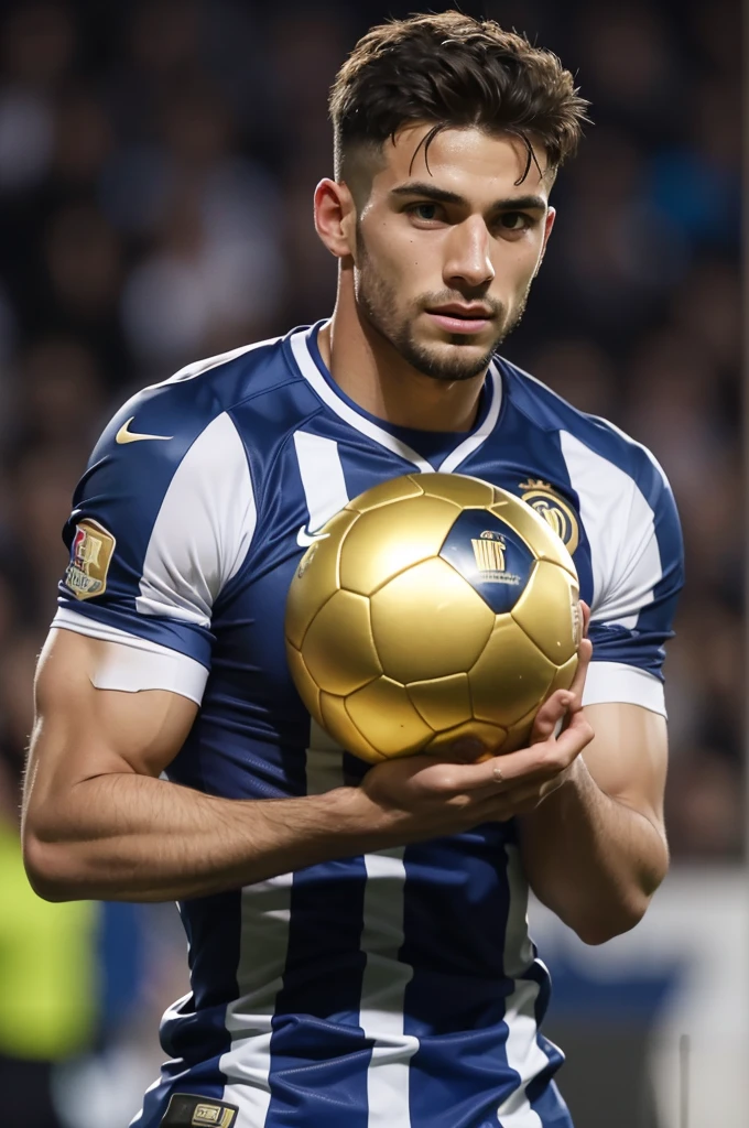 A football player wearing the Inter Milan shirt holding the golden ball