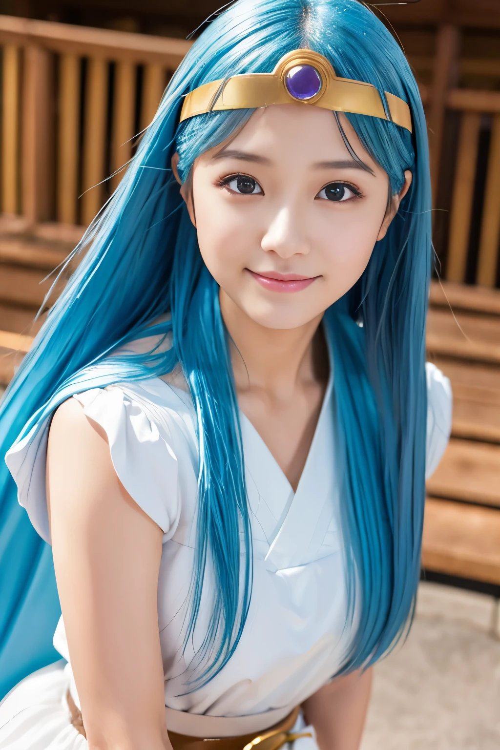 masterpiece、1 beautiful girl、Beautiful Eyes、smile、Puffy eyes、Highest quality, 超High resolution, (reality: 1.4), Cinema Lighting、Japanese、Asian Beauty、Korean、so beautiful、Beautiful Skin、Body facing forward、Face close-up、Upper body close-up,(超reality的な)、(High resolution)、(8K)、(Very detailed)、(美しくBeautiful Eyes)、(Very detailedな)、 (wall-)、Detailed face、Bright lighting、Professional Lighting、Looking at the audience、Look straight ahead、Diagonal bangs、Bright light Blue Hair、Nogizaka idol、18-year-old、masterpiece, Highest quality, Very detailedな, shape, Sage_(dq3),Long Hair, Blue Hair, Circlet, Red eyes,Small breasts, Yellow gloves, White Dress, belt, Cape, boots,