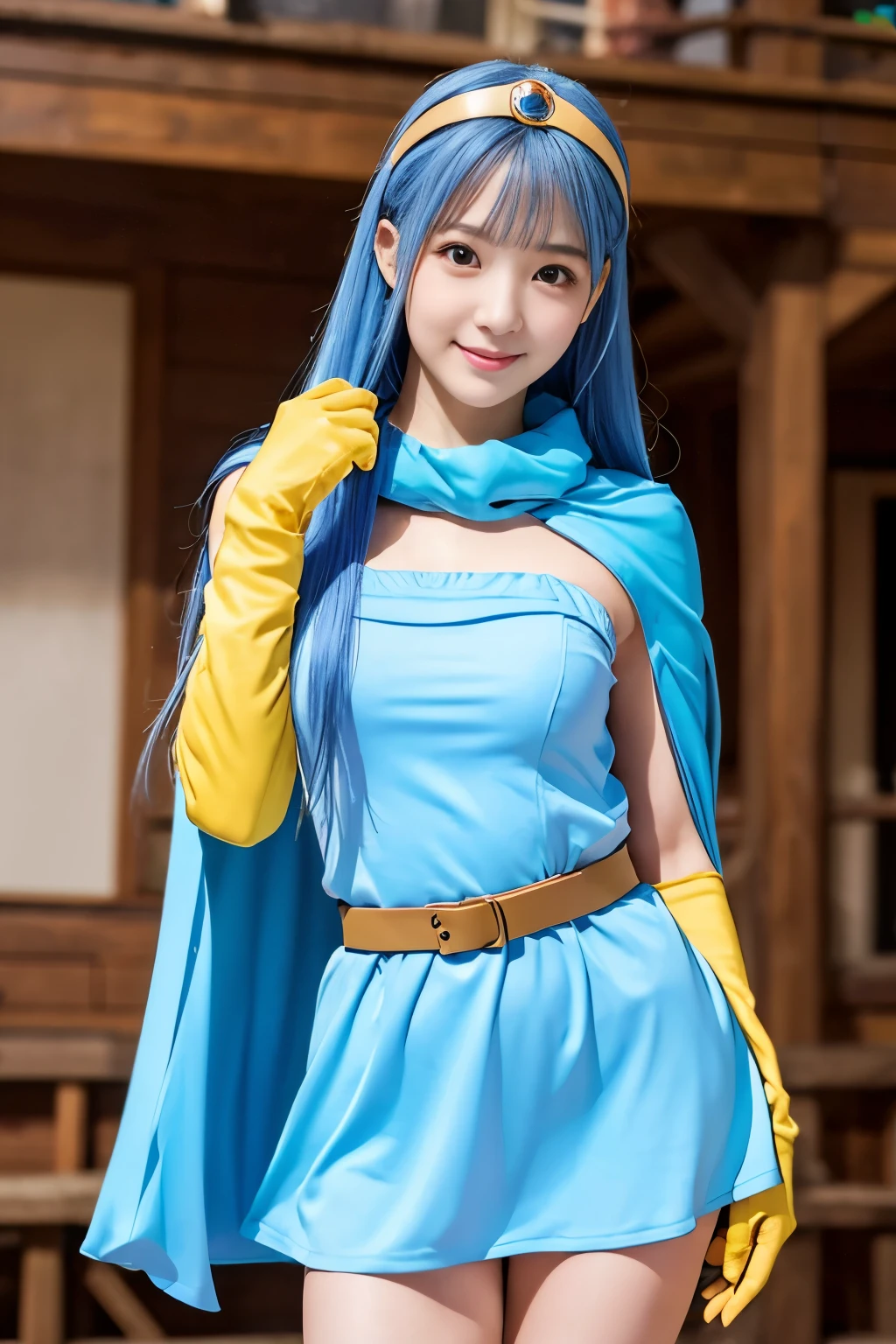 masterpiece、1 beautiful girl、Beautiful Eyes、smile、Puffy eyes、Highest quality, 超High resolution, (reality: 1.4), Cinema Lighting、Japanese、Asian Beauty、Korean、so beautiful、Beautiful Skin、Body facing forward、Face close-up、Upper body close-up,(超reality的な)、(High resolution)、(8K)、(Very detailed)、(美しくBeautiful Eyes)、(Very detailedな)、 (wall-)、Detailed face、Bright lighting、Professional Lighting、Looking at the audience、Look straight ahead、Diagonal bangs、Bright light Blue Hair、Nogizaka idol、18-year-old､masterpiece, Highest quality, Very detailedな, shape, Sage_(dq3),Long Hair, Blue Hair, Circlet, Red eyes,Small breasts, Yellow gloves, White Dress, belt, Cape, boots,